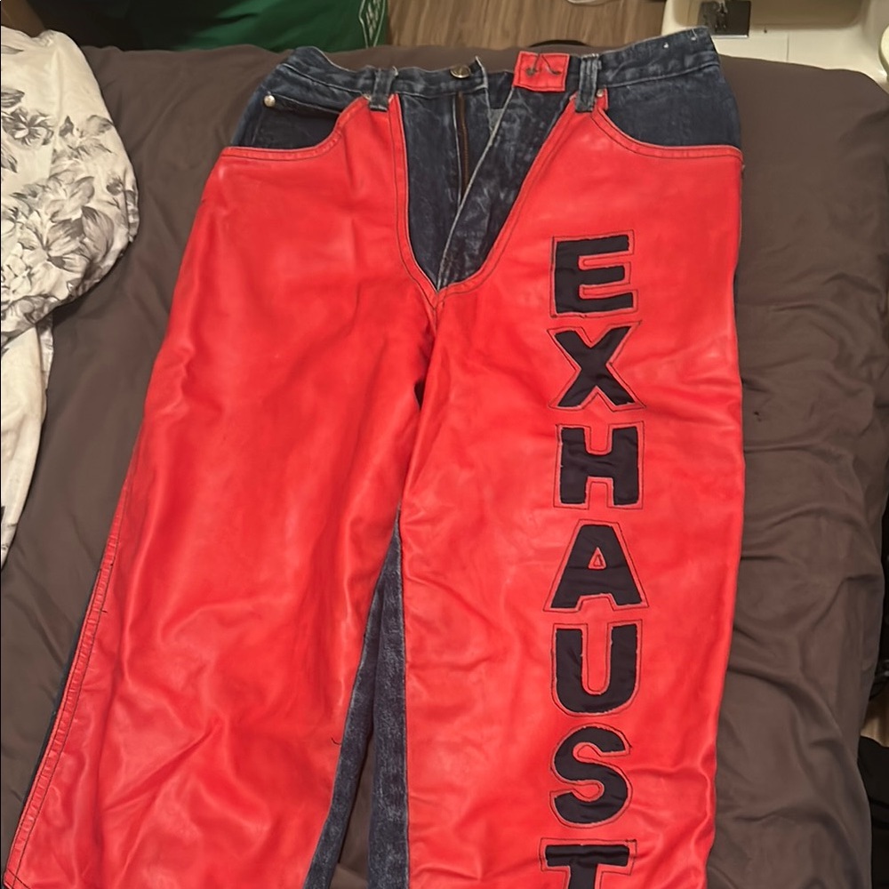 Red and Blue Exhaust Leather Pants